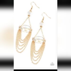 Ethereally Extravagant Gold Earring Paparazzi Chandelier Crystal Chain Earrings